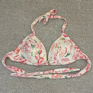 Unique Vintage bikini swim top halter retro padded floral pink and‎ white size M